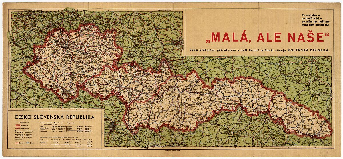 Historická mapa Československé republiky s vyznačenými hranicemi